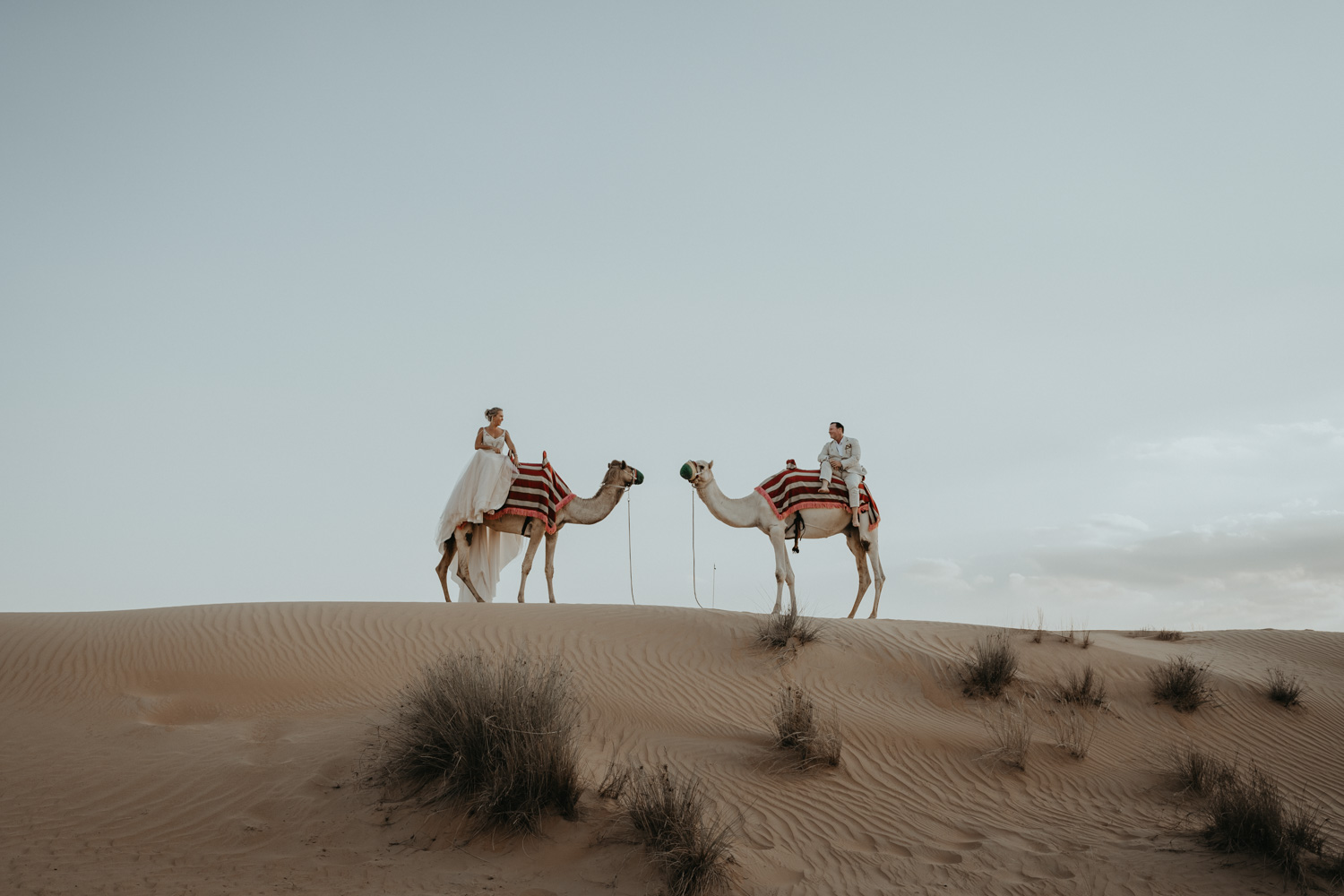 Liesel and Tim on camels together in the Dubai desert