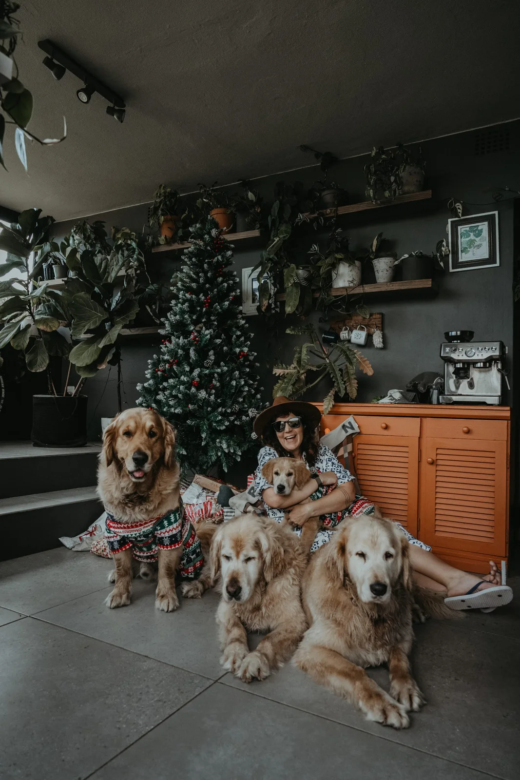 Sharyn at home with the four dogs